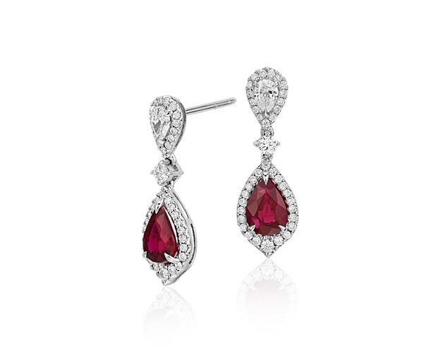 Ruby and Diamond Drop Earrings in 18k White Gold (6x4mm)