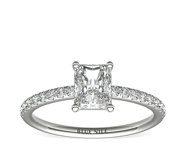 Classic elegance, this diamond engagement ring setting features pavé-set diamonds set in 14k white gold.
