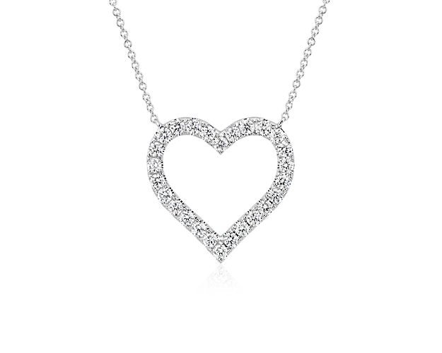Both pretty and personal, this romantic 14k white gold heart necklace showcases an outline of brilliant round diamonds suspended from a classic cable chain.