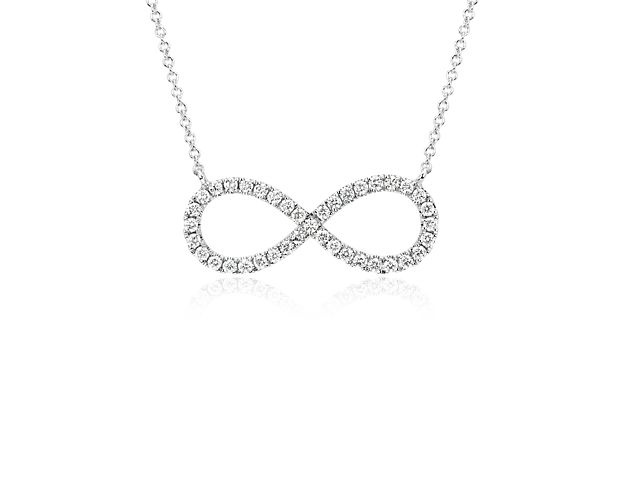 A diamond infinity symbol shines brightly at the center of this classic 14k white gold necklace, for a meaningful emblem to wear always.