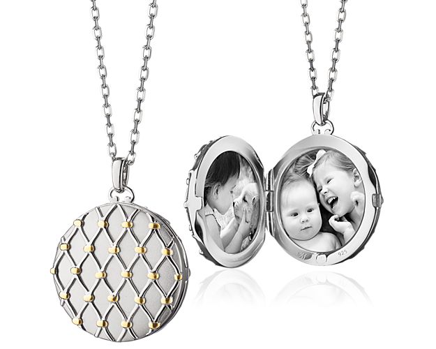This vintage-inspired locket, forged of sterling silver with 18k yellow gold accents, features a special basket woven design and hangs off a 30 inch chain. A perfect piece to hold memories close to your heart, the classic locket can hold your own unique stories.