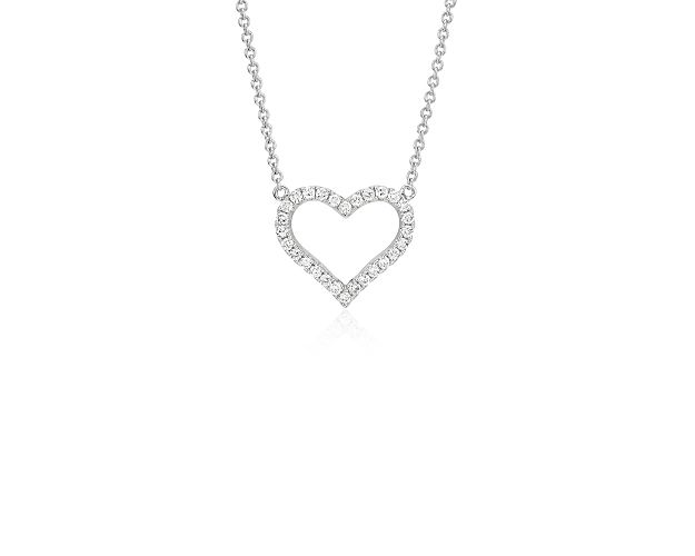 The brilliance of love. This diamond necklace features round diamonds, pavé-set in an open heart shape made of 14k white gold, with a matching cable chain necklace.