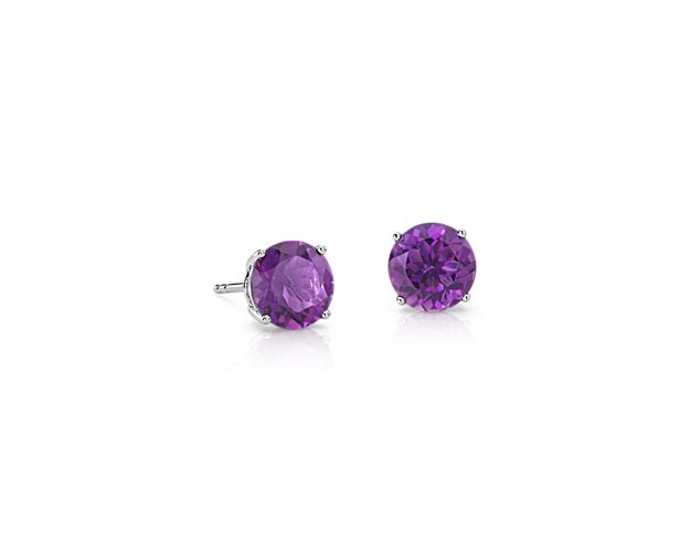 Delightfully colorful, these hand-selected gemstone earrings feature vibrant amethyst gemstones complemented by 14k white gold four-prong settings.