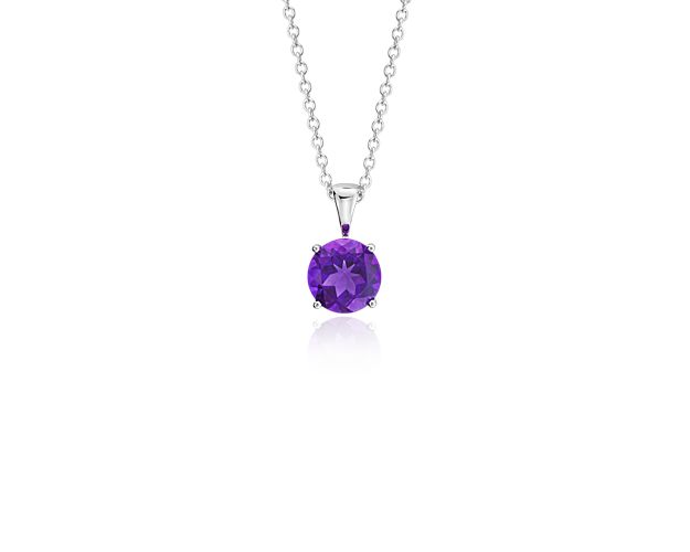 Vibrant and colorful, this gemstone pendant features a regal amethyst set in a 14k white gold four-prong setting suspended from a dainty 18-inch cable chain. A classic piece of everyday luxury and is the birthstone for February.