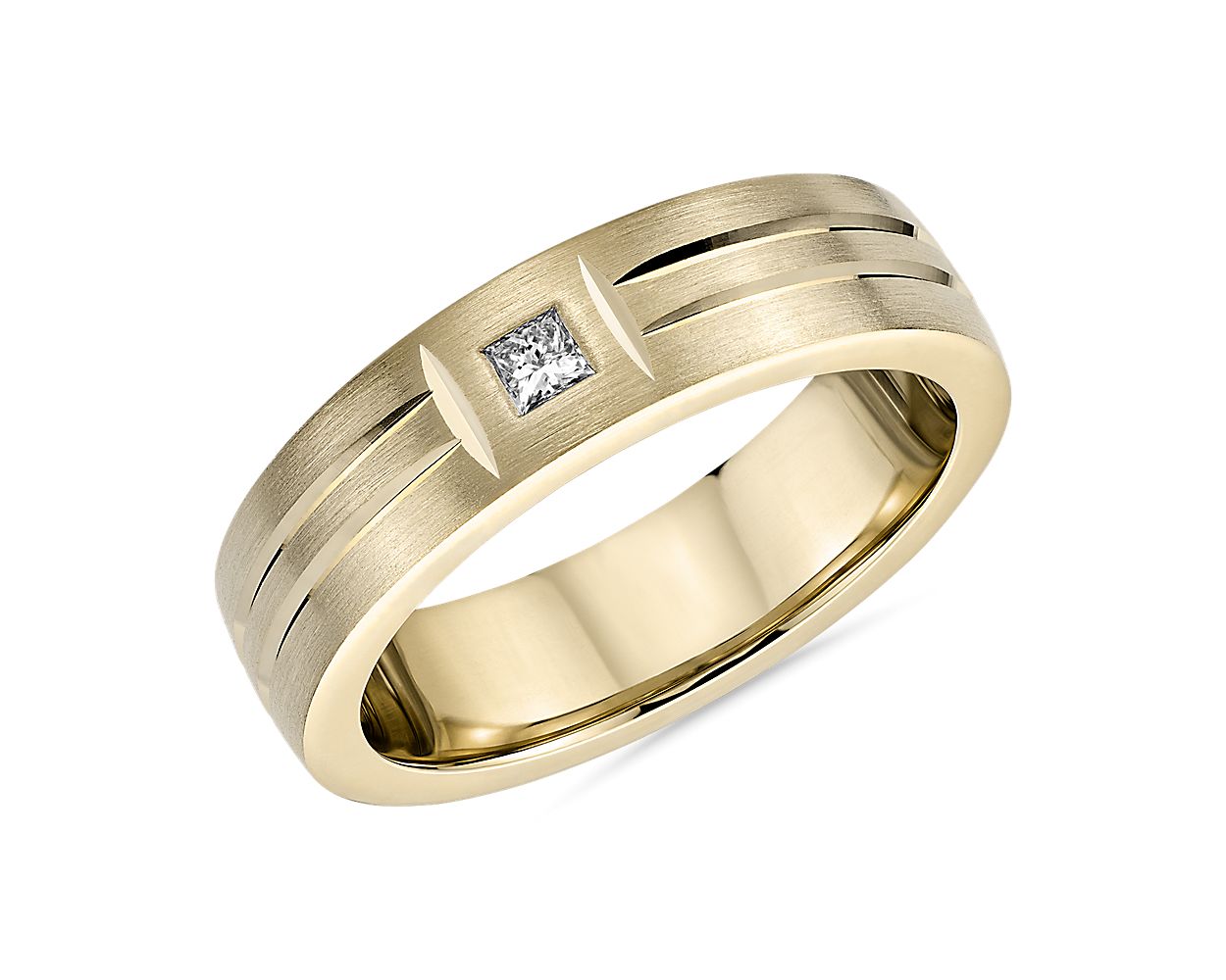 Single Diamond Dual Polish Inlay Matte Wedding Ring in 14k Yellow Gold ...