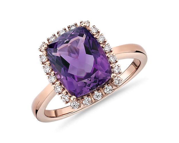Cushion-Cut Amethyst and Diamond Halo Ring in 14k Rose Gold (10x8mm)