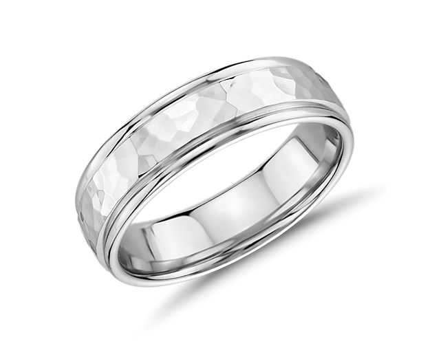 This 14k white gold ring combines the styling of a classical wedding band with the modern update of hammered texturing.