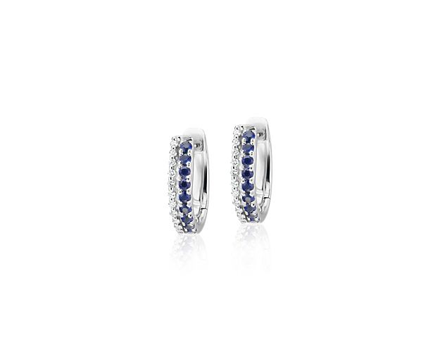 Petite Two Row Sapphire and Diamond Huggie Hoops in 14k White Gold (1.4mm)