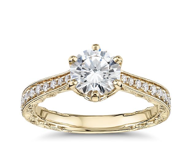 Six-Prong Hand-Engraved Diamond Engagement Ring in 14k Yellow Gold (1/5 ct. tw.)