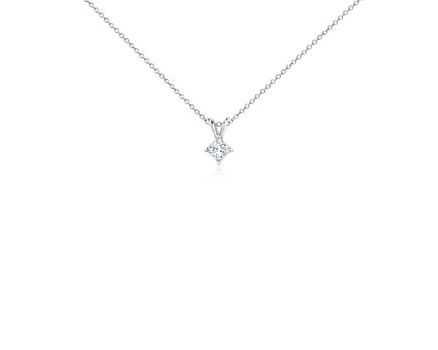A near-colorless diamond is secured at the corners by 14k white gold prongs. A 14k white gold bail suspends the pendant from an 14k white gold cable-link chain. 1/3 carat total diamond weight.
