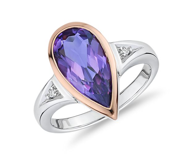 Two-Tone Pear-Shaped Amethyst and Diamond Fashion Ring in 14k Rose and White Gold (14x7mm)