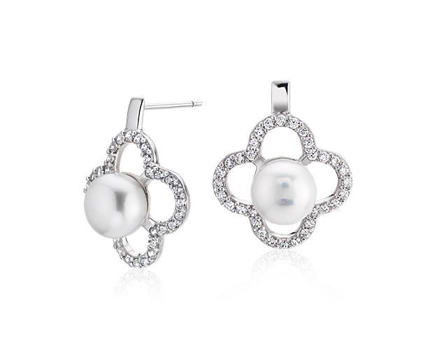 Freshwater Cultured Pearl Earrings with White Topaz Clover Halo in Sterling Silver (8-9mm)