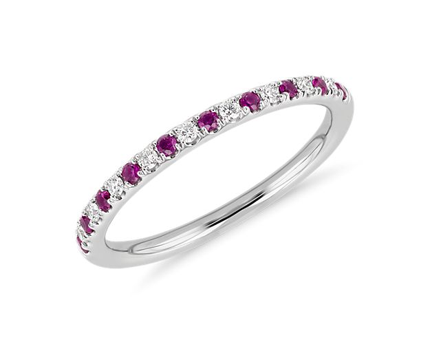 Radiant red rubies and brilliant diamonds set in enduring platinum makes this ring stand out. Stack this timeless wedding or anniversary band with other bands from the Riviera Collection to create a personalized statement.