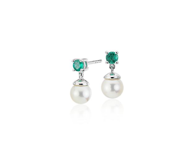 Freshwater Cultured Pearl and Emerald Drop Earrings in 14k White Gold (6-6.5mm)