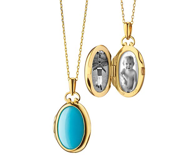 Crafted in 18k yellow gold, this double-sided turquoise and mother of pearl locket hangs on a delicate, 17-inch chain and is the perfect everyday piece to hold memories close to your heart. Monica Rich Kosann is known for recreating the classic locket into a jewelry piece that holds your own unique stories.