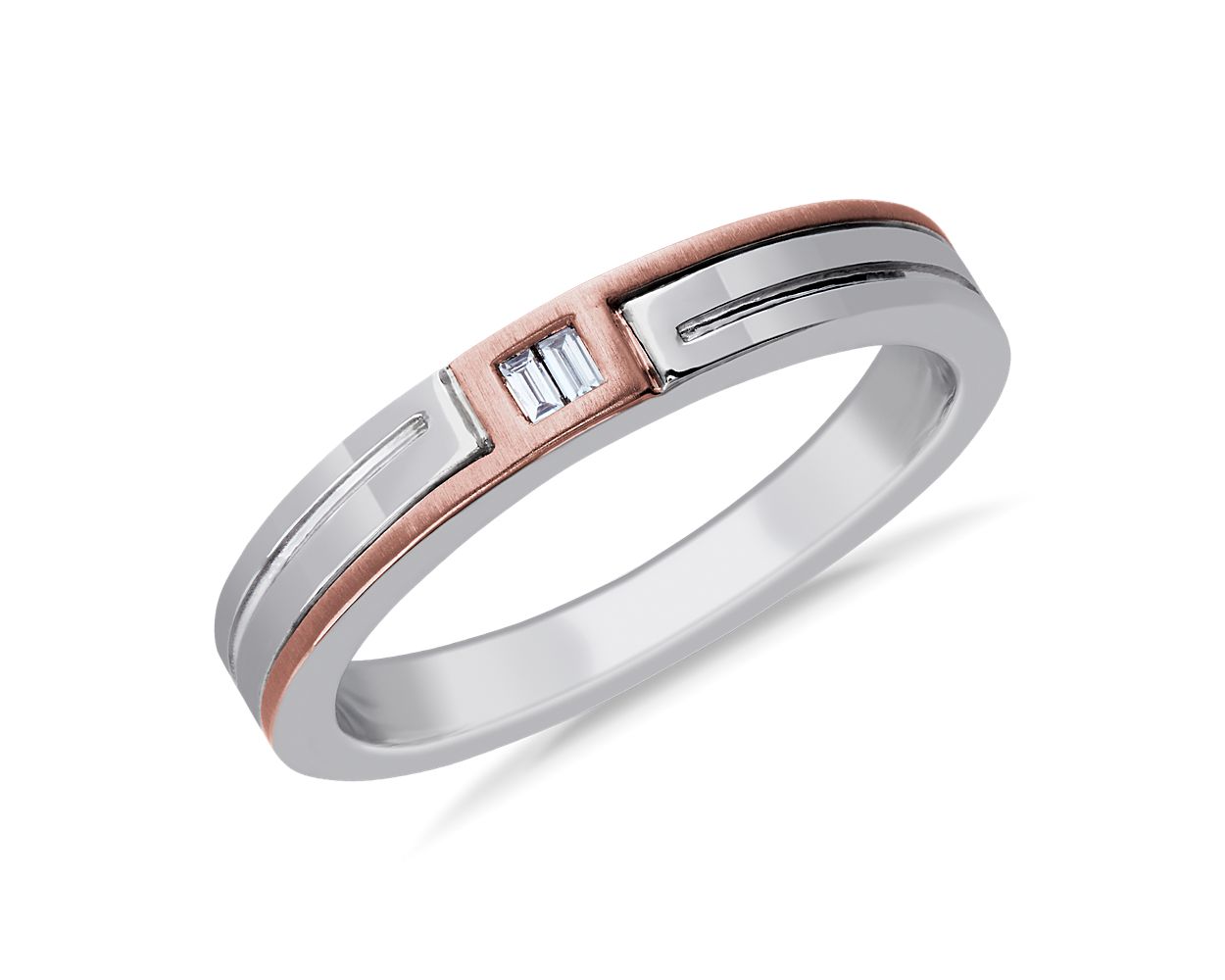 Men's Double Baguette Diamond Wedding Ring in 14k White &amp; Rose Gold