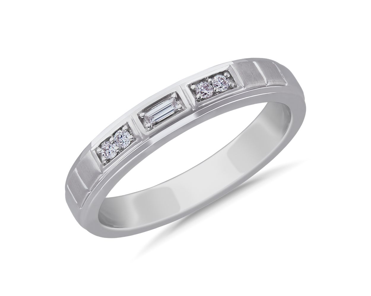Men's Baguette with Round Accent Wedding Ring in 14k White Gold (1/10 ...