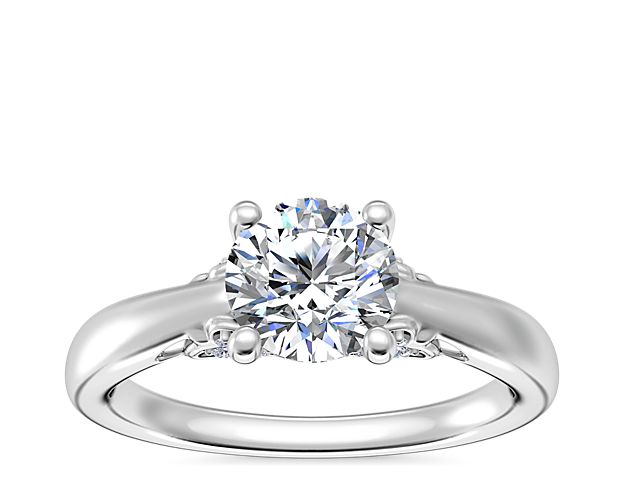Wide Band Solitaire Plus Diamond Engagement Ring in 14k White Gold