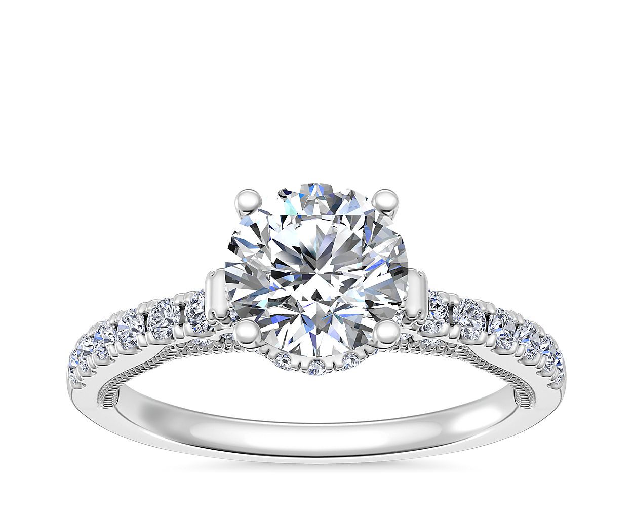 Lace Bridge Hidden Halo and Pave Diamond Engagement Ring in 14k White ...