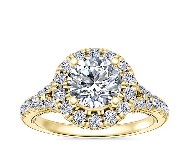 Lace Bridge Split Shank Halo Diamond Engagement Ring in 14k Yellow Gold (3/4 ct. tw.)