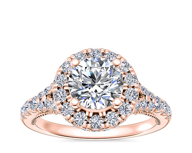 Lace Bridge Split Shank Halo Diamond Engagement Ring in 14k Rose Gold (3/4 ct. tw.)