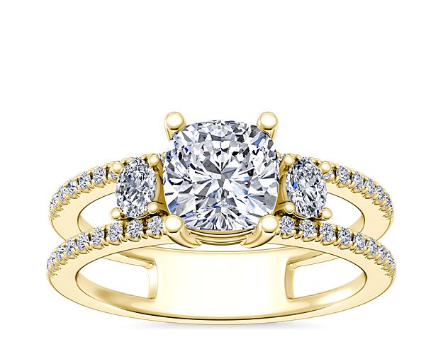 Three-Stone Oval Duet Shank Diamond Engagement Ring In 18k Yellow Gold with Center Cushion Diamond 