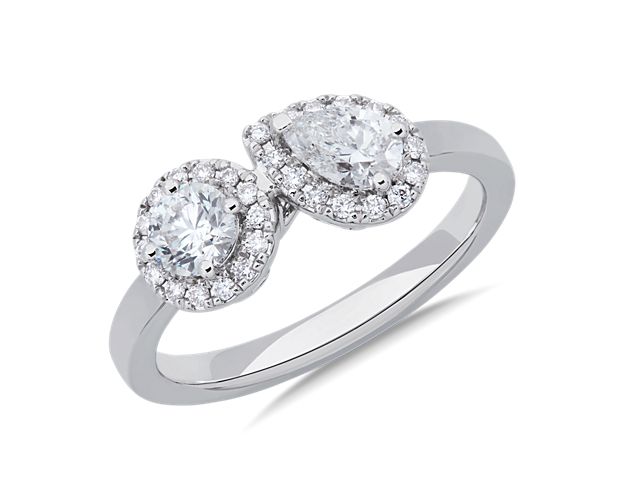Round and Pear Halo Two Stone Diamond Ring in 14k White Gold (3/4 ct. tw.)
