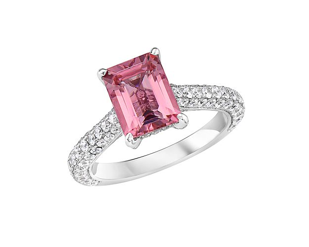 Set in 18k White Gold, this stunning ring features an emerald-cut Pink Tourmaline center stone flanked by diamonds from all angles for an unbeatable sparkle and shine.
