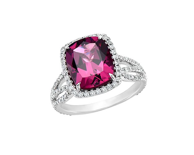Extraordinary Collection: Cushion Rhodolite and Diamond Halo Ring in 18k White Gold (11x9mm)