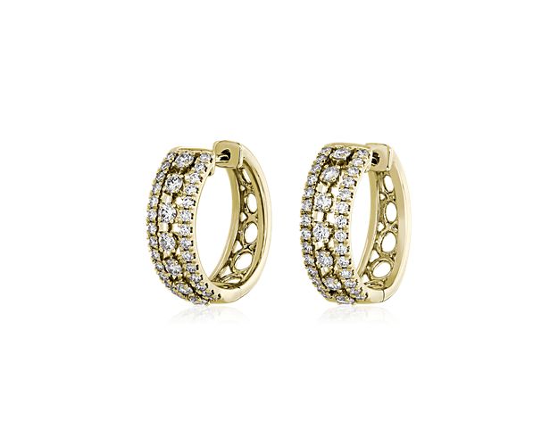 Triple Row Diamond Hoop Earrings in 14k Yellow Gold (3/4 ct. tw.)