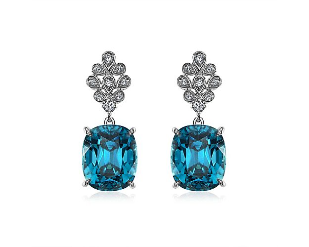 Extraordinary Collection: Blue Zircon and Diamond Drop Earrings in 18k White Gold