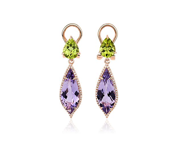 Catch their eye when you wear these stunning drop earrings set with brilliant green pear-cut peridot stones, with a stunning marquise-cut amethyst stone dangling from each. A diamond halo accents the amethyst stones and adds sparkle to the 14k rose gold design.