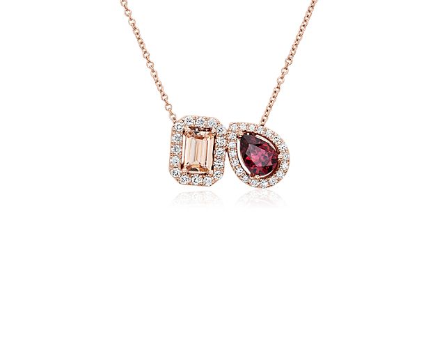Morganite and Rhodolite with Diamond Halo Two Stone Pendant in 14k Rose Gold
