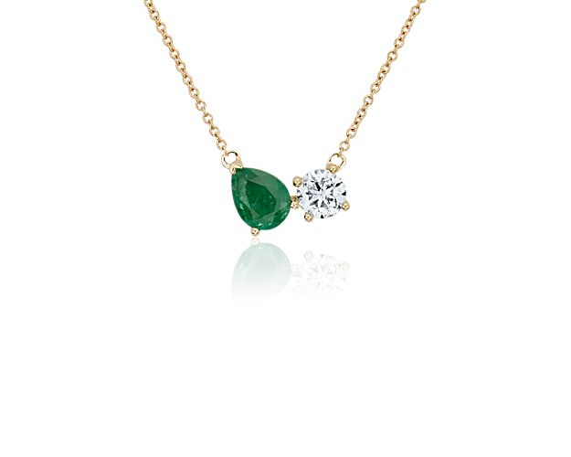 Emerald and Diamond Two Stone Pendant in 14k Yellow Gold