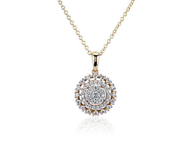 Capture their eye when you wear this stunning pendant featuring a gorgeous sunburst design that shimmers with brilliant diamonds. The warm gleam of the 14k yellow gold design adds a timelessly luxurious element.