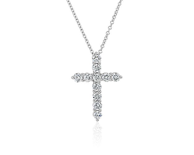 Lab grown diamond cross pendant on a white gold chain.