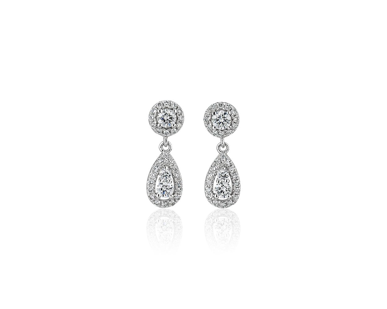 Halo Crystal Stud Tear Drop Earrings in 14K white gold