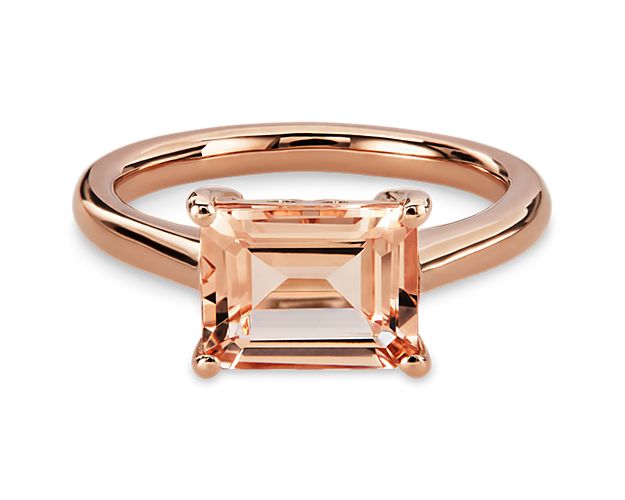 Add eye-catching sparkle to your hand with this stunning ring featuring defined by a single baguette-cut morganite stone in an east-west setting. It features a 14k rose gold setting to beautifully match the pink tones of the stone.