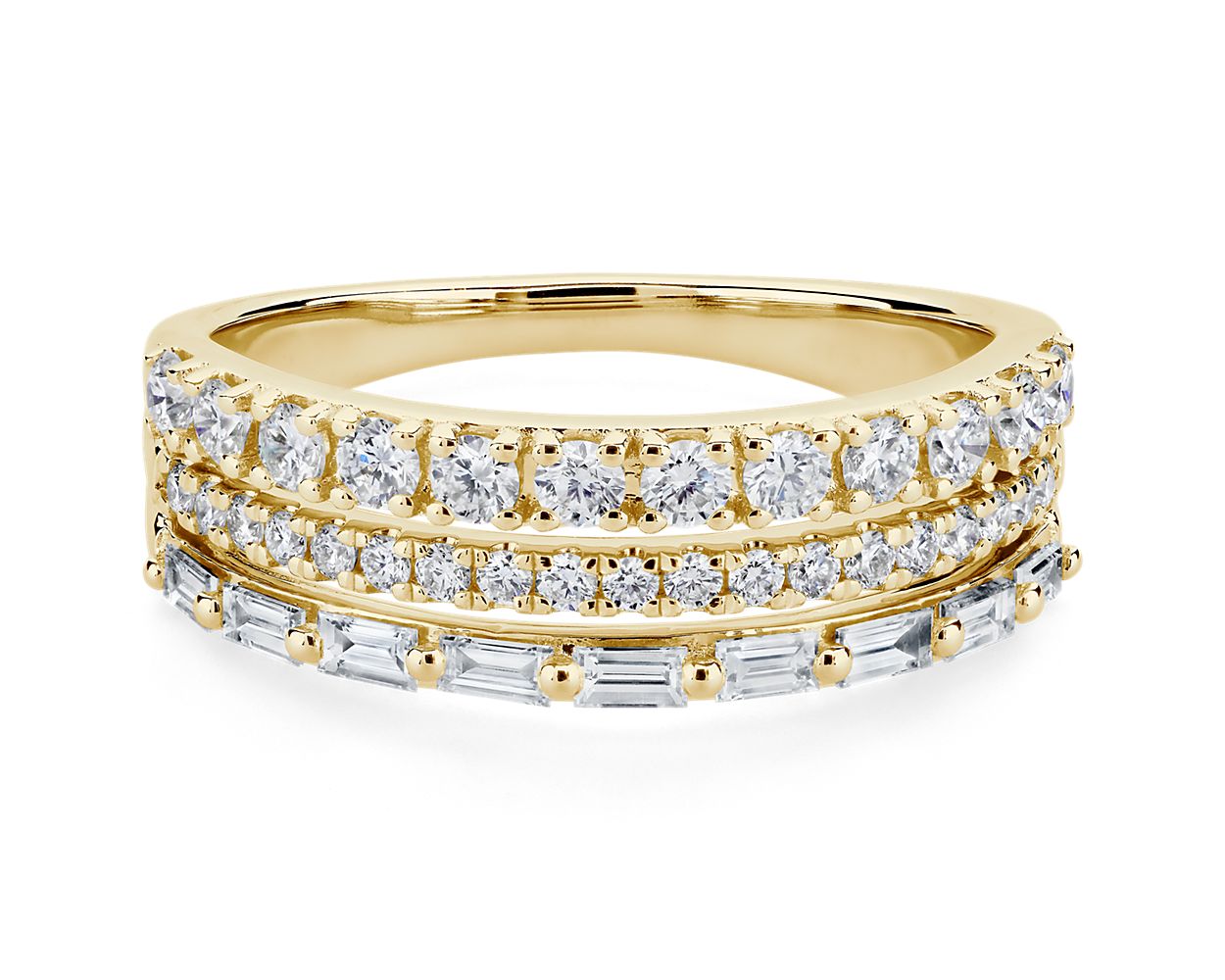 Three Row Baguette and Pave Diamond Ring in 14k Yellow Gold (5/8 ct. tw.)
