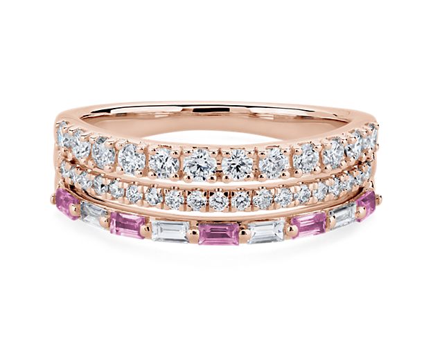 Shimmering Pave-set diamonds sparkle from this ring featuring triple-banded design in lustrous 14k rose gold. The third row is beautifully set with alternating baguette-cut diamonds and pink sapphires.