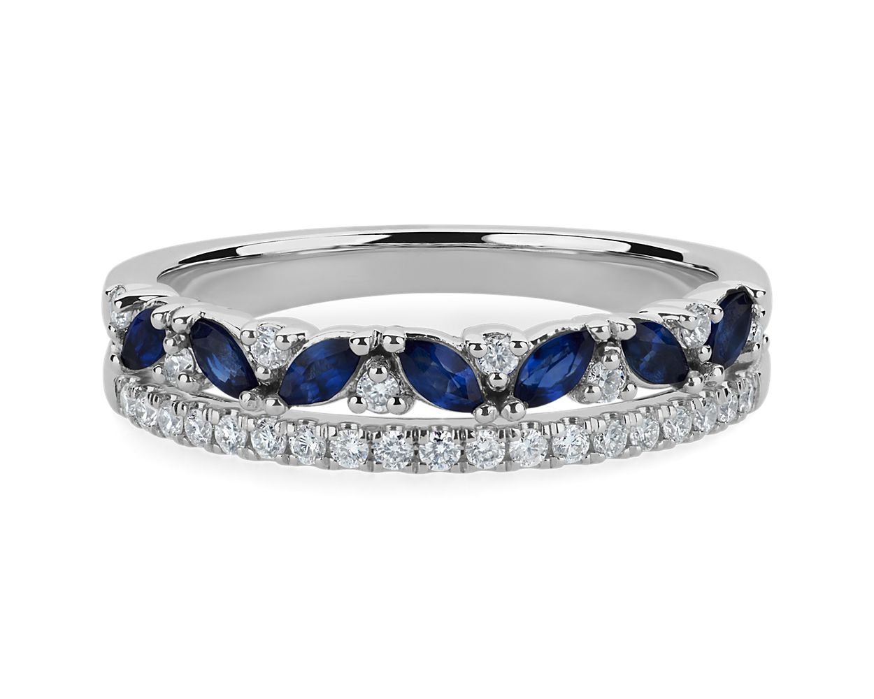 Two Row Diagonal Blue Sapphire Marquise And Pave Diamond Band in 14k ...