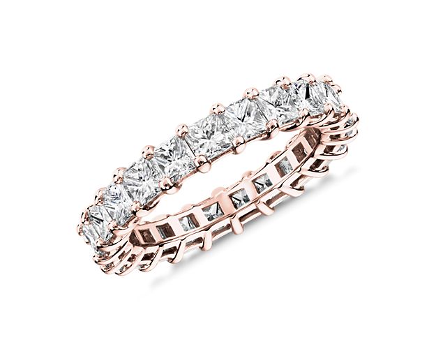 This lab grown diamond princess-cut eternity ring celebrates the brilliance of love, surrounded by the timeless shine of 14k rose gold.