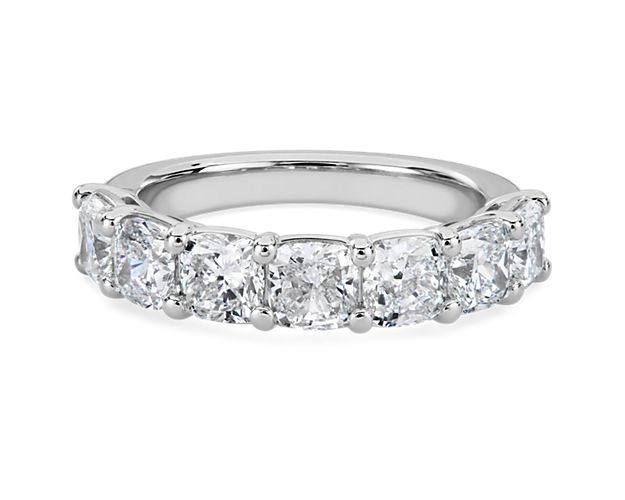 Classic and brilliant, this beautiful lab grown diamond band features seven brilliant cushion-cut lab grown diamonds set in enduring 14k white gold.
