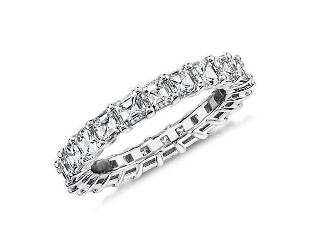 This lab grown diamond asscher-cut eternity ring celebrates the brilliance of love, surrounded by the timeless shine of platinum.