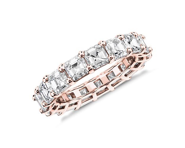 This lab grown diamond asscher-cut eternity ring celebrates the brilliance of love, surrounded by the timeless shine of 14k rose gold.