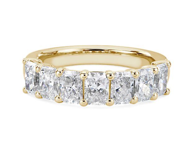 Classic and brilliant, this beautiful lab grown diamond band features seven brilliant radiant-cut lab grown diamonds set in enduring 14k yellow gold.