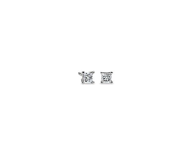 Beautifully matched, these diamond stud earrings feature a pair of princess cut, near-colorless lab grown princess cut diamonds set in 14k white gold four-prong settings with double-notched friction backs.