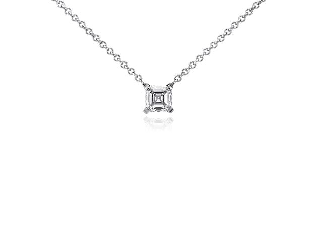 Singular brilliance, this diamond pendant features an asscher cut lab grown diamond set in 14k white gold that is suspended on a cable chain necklace.