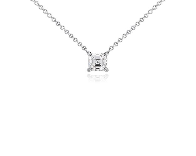 Singular brilliance, this diamond pendant features an asscher cut lab grown diamond set in 14k white gold that is suspended on a cable chain necklace.