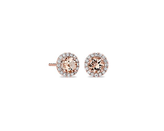 Morganite and Micropave Diamond Halo Earrings in 14k Rose Gold
